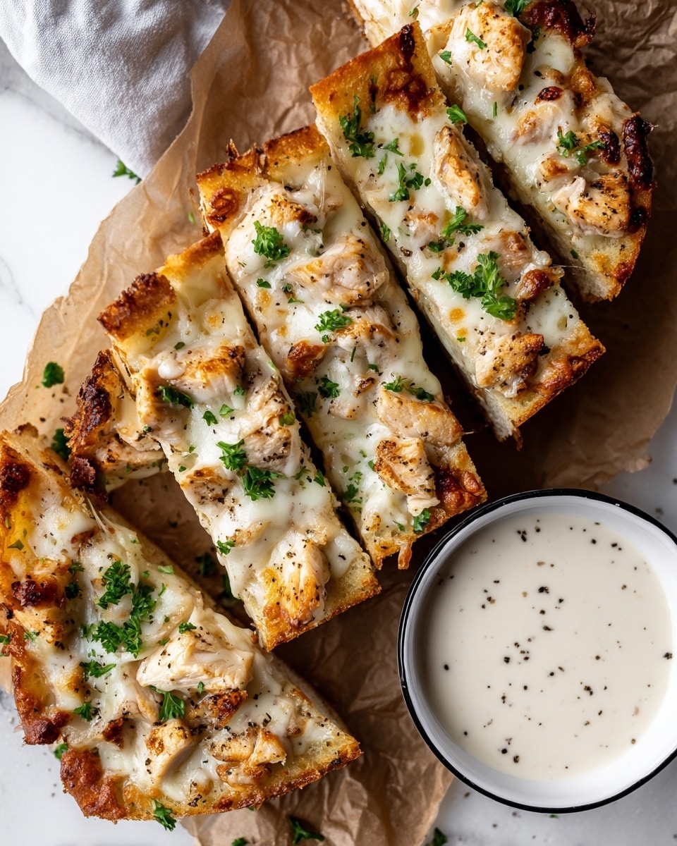 This image shows five slices of cheesy chicken bread placed on crumpled brown paper over a white marbled surface. The bread base is golden brown and thick, topped with melted white cheese that covers each slice evenly. Pieces of seasoned light brown chicken are spread cheefully on the cheese layer. Small green parsley flakes are sprinkled over the top, adding color contrast and freshness. To the right side, there is a white bowl with black rim filled with creamy white dipping sauce with specks of black pepper. The overall look is warm and inviting with a mix of creamy, golden, and fresh green colors, photo taken with an iphone --ar 4:5 --v 7