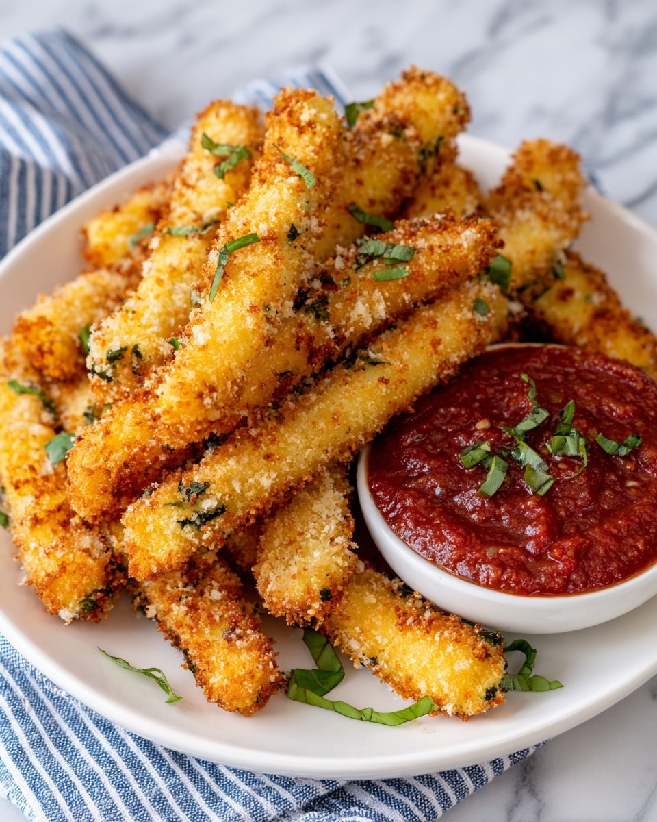 A white plate holds a stack of golden brown fried sticks, each coated with a crispy breadcrumb layer that looks crunchy and evenly fried. The sticks are arranged in a loose pile with some green basil leaves peeking out from underneath them. On the right side of the plate, a small white bowl is filled with thick, chunky red sauce garnished with small green herb pieces. The plate sits on a white marbled surface with a blue and white striped cloth partially visible underneath. photo taken with an iphone --ar 4:5 --v 7