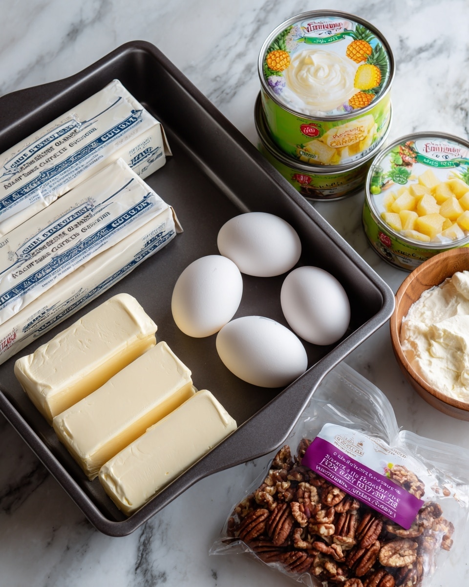 A dark gray baking pan holds several baking ingredients arranged neatly inside. At the back, two white and blue boxes of cream cheese sit stacked side by side. To the right, a colorful can shows diced yellow pineapple pieces on a green and light blue label. Two white eggs rest side by side in front of the cream cheese boxes. Below the eggs, two silver wrapped sticks of butter lie stacked. A white bag with a purple label on the front contains pecan pieces and is positioned in the bottom right corner. All items are set on a white marbled surface. Photo taken with an iphone --ar 4:5 --v 7