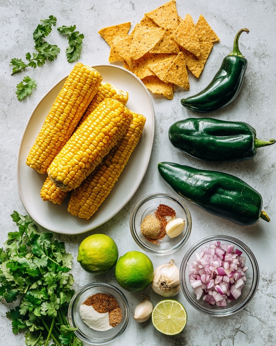 The image shows fresh ingredients arranged on a white marbled surface. In the lower left corner, there is a white oval plate filled with several pieces of bright yellow corn on the cob, stacked on top of each other. Above the plate, there are crispy, golden tortilla chips scattered in a small pile. To the right of the chips, two large dark green poblano peppers sit next to two smaller, shiny green jalapeño peppers. Near the peppers, there are three whole limes, one cut in half showing its light green inside. A bunch of fresh, bright green cilantro leaves lies next to the limes. Small glass bowls hold finely diced red onion, ground spices, and peeled garlic cloves, completing the arrangement with splashes of red, brown, and white. The photo taken with an iphone --ar 4:5 --v 7