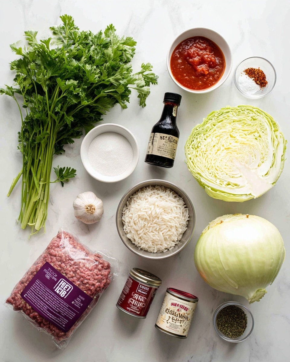 A white marbled surface holds a variety of fresh and packaged ingredients arranged neatly, including a bunch of green parsley in the upper left, a whole light green cabbage next to it on the right, and a whole pale yellow onion below the cabbage. Below the parsley is a small white bowl of sugar, next to a metal cup filled with white rice, and a bulb of garlic near the rice and a bottle of dark Worcestershire sauce. Below the garlic and sauce lies a package of ground beef wrapped in a purple label, with two cans on the lower left containing crushed tomatoes and tomato sauce. Lastly, two small white bowls with salt and pepper sit side by side, next to glass spice jars filled with red paprika and green oregano on the right side. The scene is brightly lit with a clean, fresh look. photo taken with an iphone --ar 4:5 --v 7