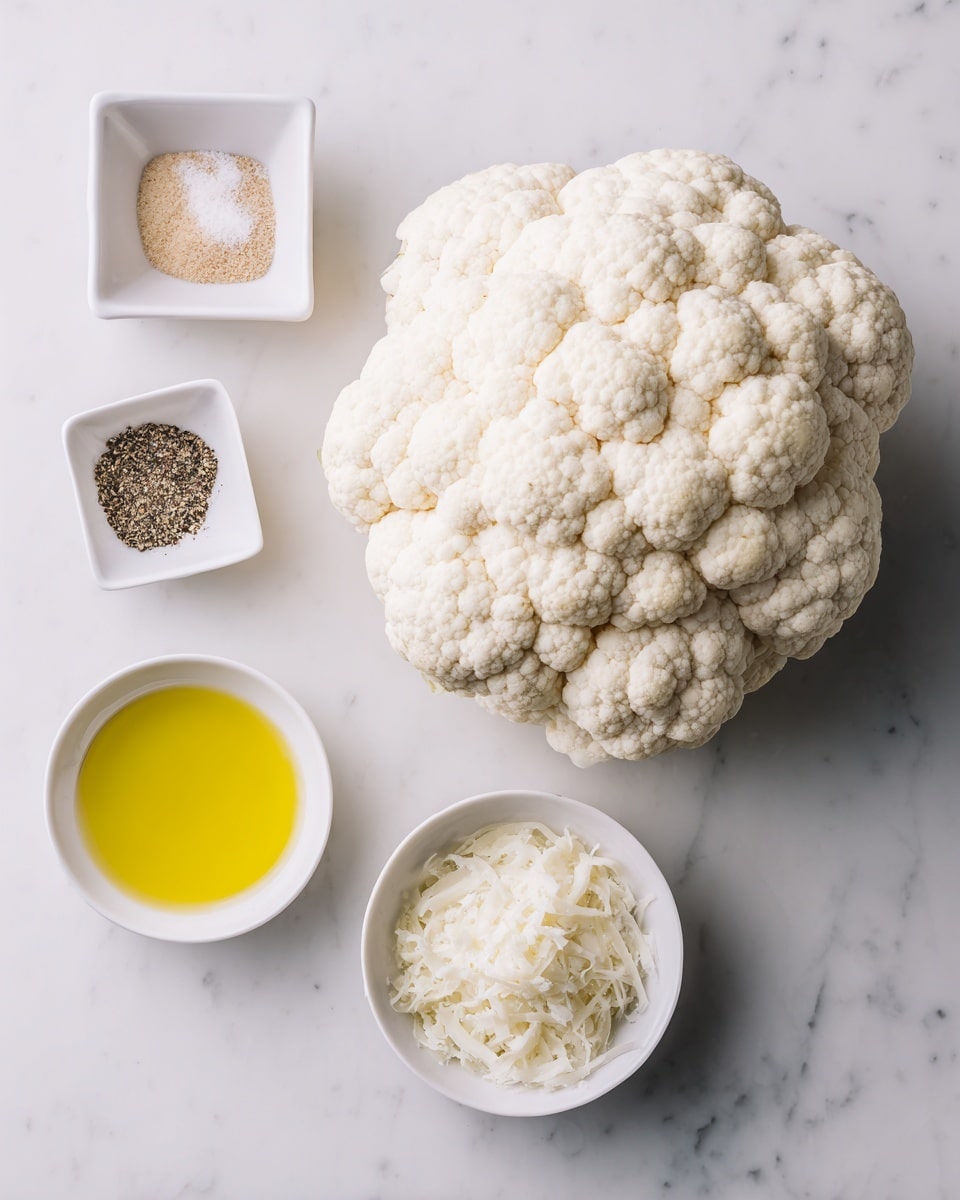 A large white cauliflower sits in the top right on a white marbled surface, its creamy bumpy texture filling most of the space. To the left, three small white square bowls are stacked vertically; the top holds coarse salt, the middle holds light brown granules, and the bottom holds black pepper. Below the bowls, two small white round bowls rest side by side; the left bowl holds clear light yellow oil, and the right bowl contains white grated cheese. photo taken with an iphone --ar 4:5 --v 7