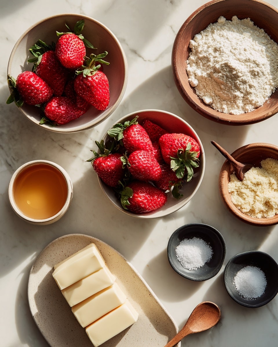 The image shows a white marbled surface with a white plate holding two white bowls filled with bright red strawberries with green leaves, one bowl has more strawberries than the other. Next to these is a small beige bowl containing amber-colored liquid. A wooden bowl filled with white flour is placed on the right side, beside it is another wooden bowl that holds a light beige crumbly substance and a small wooden spoon nearby. Towards the center bottom, there is a shallow ceramic bowl with two rectangular blocks of pale yellow butter. Two small dark bowls contain white salt and sugar, placed side by side below the butter. Everything is neatly arranged with natural light highlighting the fresh textures. photo taken with an iphone --ar 4:5 --v 7