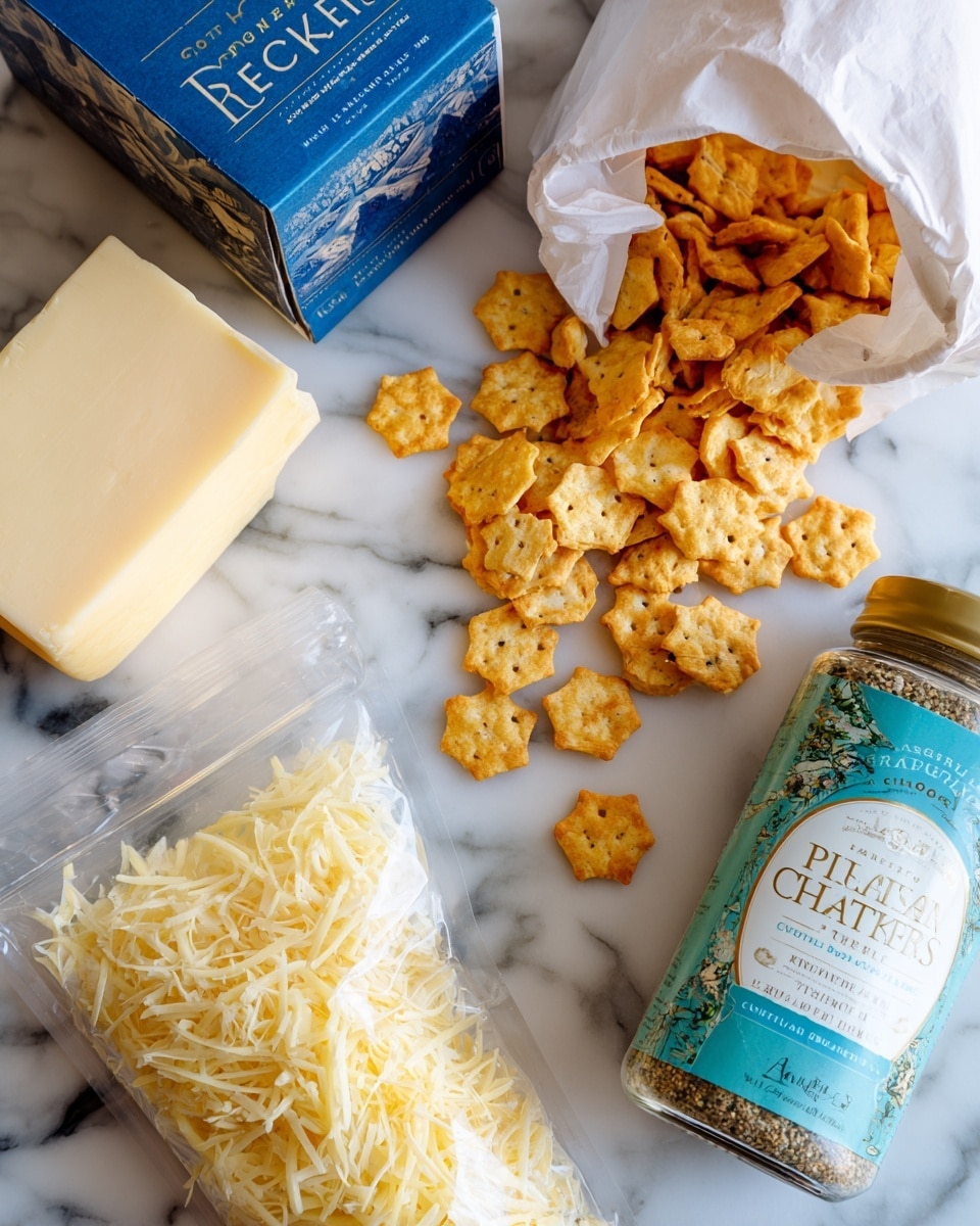 The image shows a white marbled surface with a small pile of golden hexagon-shaped crackers spilling out from an open white inner bag, which is inside a blue box labeled
