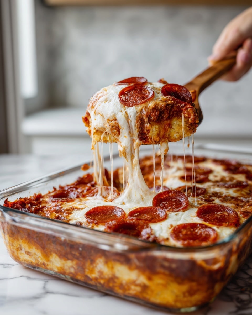 A clear glass rectangular baking dish sits on a white marbled surface with a scoop of cheesy pepperoni pizza casserole being lifted by a wooden spoon held by a woman's hand. The dish has multiple layers visible: the bottom has a golden baked crust, then a thick layer of rich, red tomato sauce mixed with melted cheese, topped with a generous layer of white melted mozzarella cheese that stretches as it is lifted, and thin round pepperoni slices scattered on top with some browned edges. The background is softly lit with a blurred white tiled wall and a white marbled surface. Photo taken with an iphone --ar 4:5 --v 7
