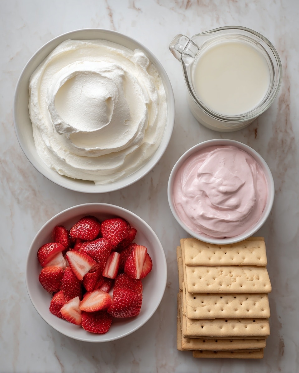 The image shows a white marbled surface with six ingredients arranged neatly: a large white bowl filled with smooth, white whipped topping at the top left; to its right, a smaller white container holding light pink strawberry frosting with a creamy texture; below the whipped topping, a clear glass jug of white milk; next to it, a small brown paper bag of white cheesecake pudding mix; underneath, a white bowl filled with fresh, red sliced strawberries; and to the right, a pile of rectangular light brown graham crackers with small holes, stacked unevenly. Photo taken with an iphone --ar 4:5 --v 7