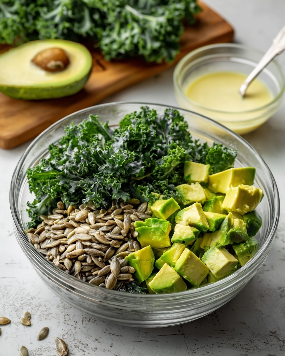 A clear glass bowl on a white marbled surface shows three main layers: dark green curly kale leaves at the bottom, a pile of light brown sunflower seeds on one side in the middle, and bright green avocado cubes on the other side in the middle. Behind the bowl, there is a small clear bowl with a light yellow dressing and a spoon inside. A wooden cutting board with kale is visible in the background. Photo taken with an iphone --ar 4:5 --v 7