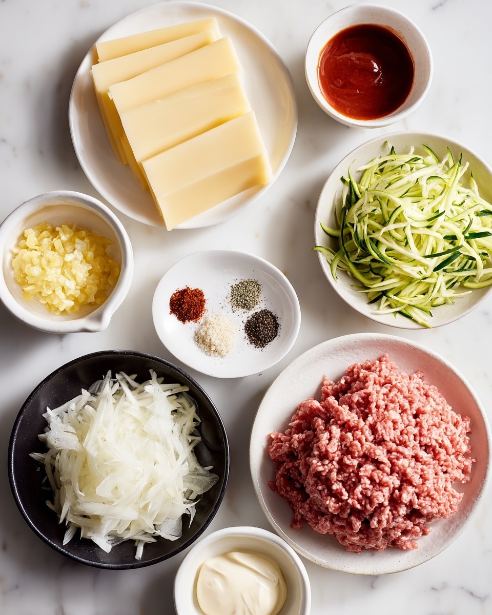 The image shows several white dishes arranged on a white marbled surface, each containing different ingredients. In the bottom right, there is one white plate filled with a large portion of raw ground meat, pinkish in color, with fine texture. To the left, there is a white plate holding five overlapping slices of pale yellow cheese, slightly shiny. Above this, a small white bowl contains a red sauce with a smooth texture. Next to it, another small white bowl has a dark brown liquid, smooth and glossy. A small dish with light yellow minced garlic sits nearby. On the right side, a white bowl is filled with green shredded zucchini, showing thin, uneven strips. Centered is a small round white plate with three piles of seasonings: bright white salt, black pepper, and dark red paprika, all neatly separated. Bottom left holds a black bowl with finely chopped white onion, and above it, another black bowl is filled with creamy white mayonnaise, smoothly swirled. Photo taken with an iphone --ar 4:5 --v 7