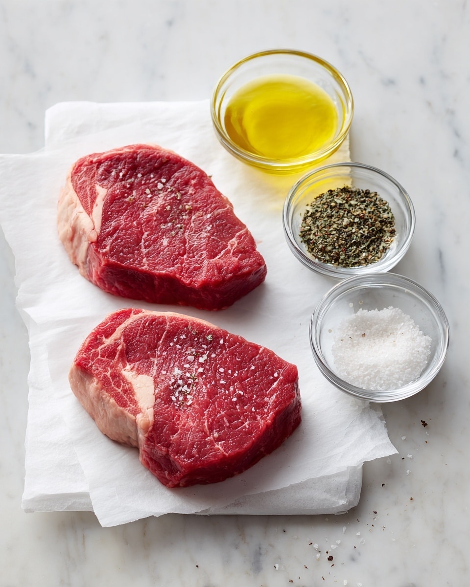 Two raw red steaks with light marbling are placed on white parchment paper on a white marbled surface. To the right, there are three small clear bowls stacked vertically: the top bowl holds light yellow oil, the middle bowl contains ground black pepper, and the bottom bowl has coarse white salt. The arrangement is neat and simple, with all items evenly spaced photo taken with an iphone --ar 4:5 --v 7