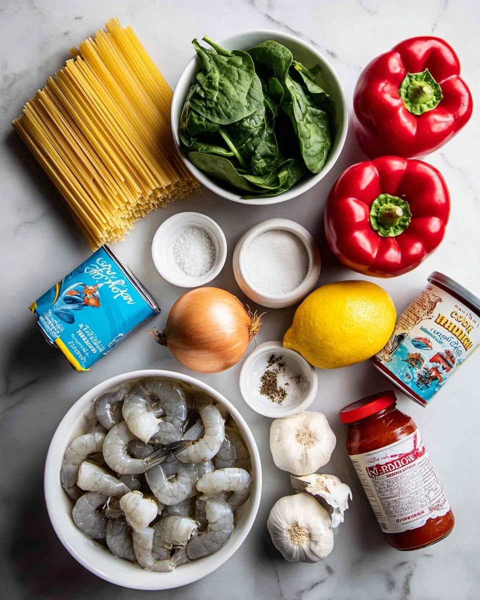 The image shows various cooking ingredients arranged neatly on a white marbled surface. At the center bottom, there is a white bowl filled with several raw shrimp that have a grayish color with some translucent texture. To the left of the shrimp, there is a blue box of pasta laying flat. Above the pasta, a white bowl is filled with fresh green spinach leaves with smooth textures and vibrant color. Near the center right, there is a whole yellow lemon with a smooth peel. Above the lemon is a red bell pepper with a shiny surface and firm shape. To the left of the bell pepper, there is a whole brown onion with a papery skin. On the right of the bell pepper is a red and white can of coconut milk beside a carton of chicken broth that is mostly white and blue with some orange accents. A tube of tomato paste with red and green colors is positioned at the bottom right next to the shrimp bowl. At the top, there are two small white round bowls with salt and pepper. A garlic bulb with white papery skin is placed next to the coconut milk. A jar of red pepper flakes is placed at the top left. All ingredients are labeled with black text on white rectangles. Photo taken with an iphone --ar 4:5 --v 7
