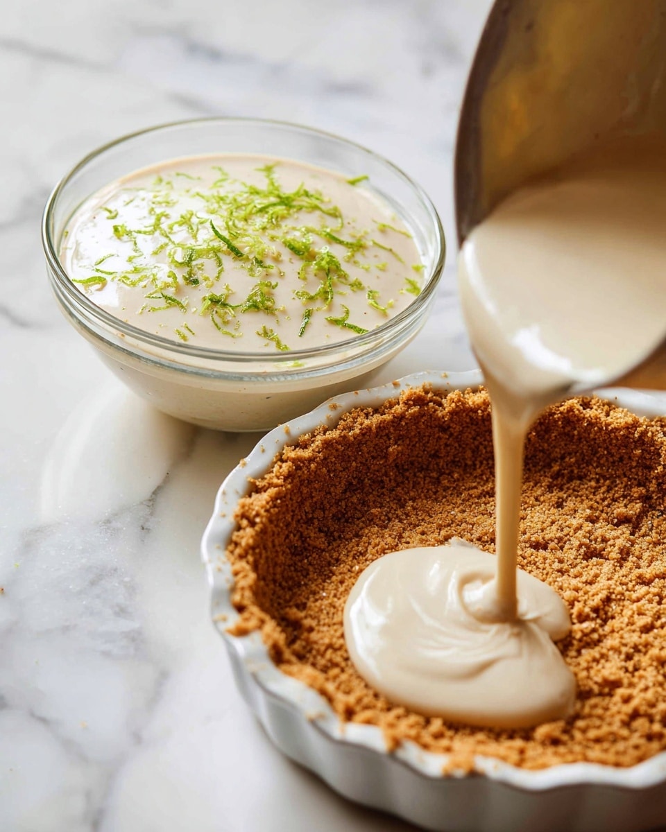 The left side shows a clear glass bowl with a smooth light beige mixture topped with white dollops and fresh green lime zest sprinkled on top, sitting on a white marbled surface. The right side shows a smooth creamy light beige filling being poured from a clear glass bowl into a white pie dish with a golden brown crumb crust, placed on a white marbled surface. Photo taken with an iphone --ar 4:5 --v 7