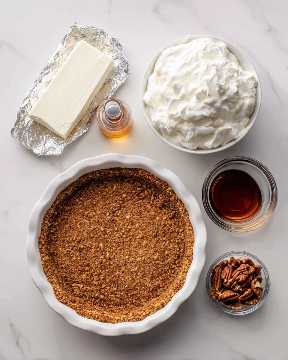 The image shows ingredients for making a dessert laid out on a white marbled surface. There is a white pie tin at the bottom center filled with a brown pecan crust, speckled with small darker bits. Above it, slightly to the left, a rectangular block of cream cheese is partially wrapped in foil, showing its smooth white surface. To the left of the cream cheese, a small glass bowl contains light brown packed brown sugar with a grainy texture. Next to this, a small clear bottle holds dark amber vanilla extract. On the right side of the cream cheese, a small clear glass cup filled with medium brown chopped pecans sits next to a clear measuring cup holding a dark amber maple syrup. At the top center, a round white bowl is filled with fluffy white whipped topping. All containers and items are clean and neatly arranged. Photo taken with an iphone --ar 4:5 --v 7