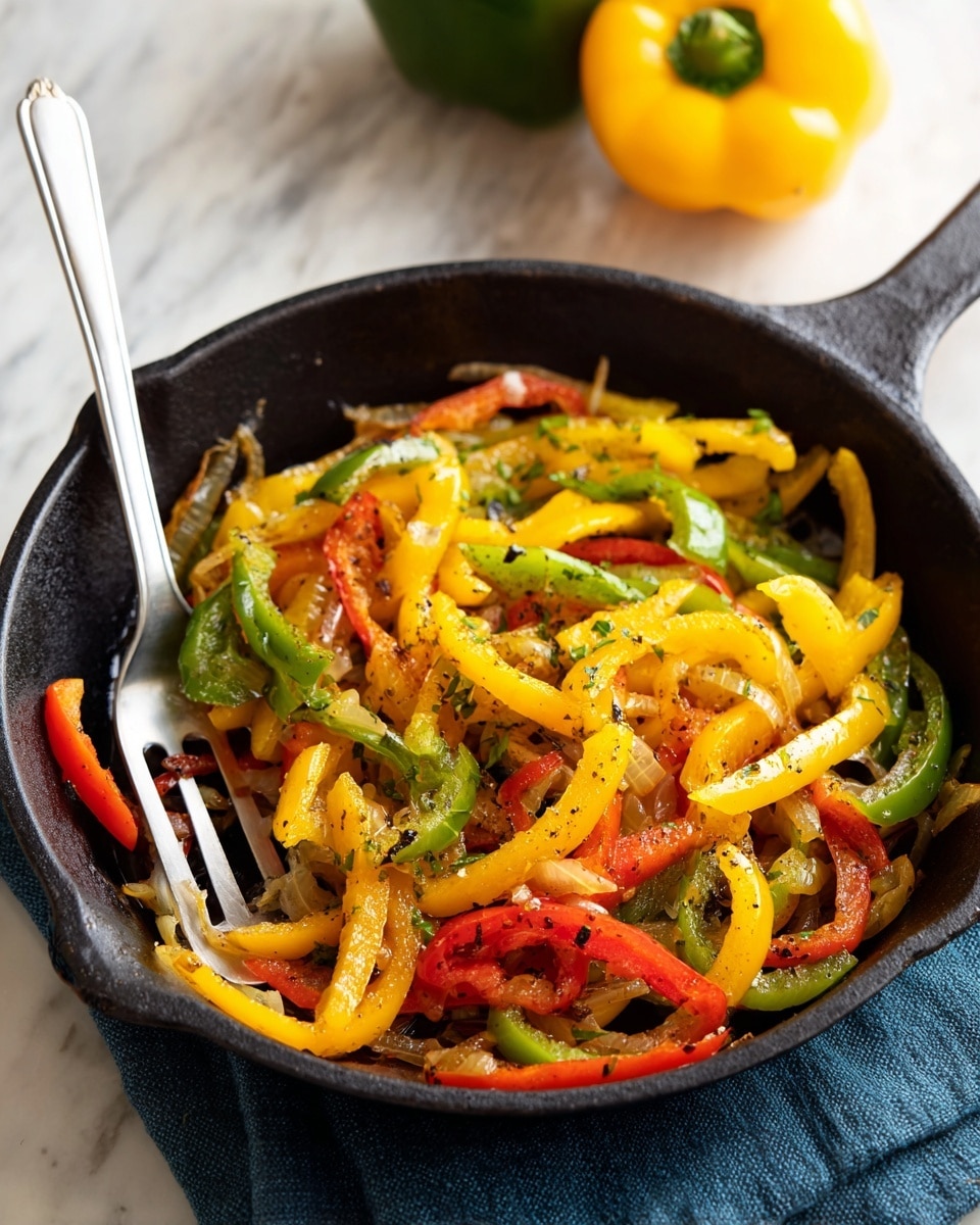 This image shows a black cast iron pan filled with cooked sliced bell peppers and onions. The dish has three layers: at the bottom, light to medium golden-brown cooked onion pieces; the middle layer has bright strips of yellow, green, and red bell peppers with a slight char and shiny texture; the top is lightly scattered with green herb bits and black specks of seasoning. A shiny silver spatula with a long handle rests inside the pan on the left side. The pan sits on a white marbled surface with a dark blue cloth underneath it, and a yellow and a green bell pepper blurred in the background. Photo taken with an iphone --ar 4:5 --v 7