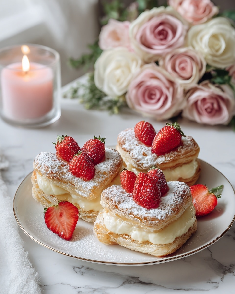 Three heart-shaped pastries are on a white plate with a gold rim, each pastry made of 3 to 4 golden-brown, flaky layers. The top layer has powdered sugar dusted over it and holds three or four bright red strawberries, some whole and some halved, with a glossy look. The inside of the pastries is creamy and pale yellow, visible beneath the strawberries. Two halved strawberries sit directly on the plate near the pastries. In the background, a soft pink candle glows softly next to a cluster of pink and white roses, all set on a white marbled surface under soft, natural lighting. Photo taken with an iphone --ar 4:5 --v 7