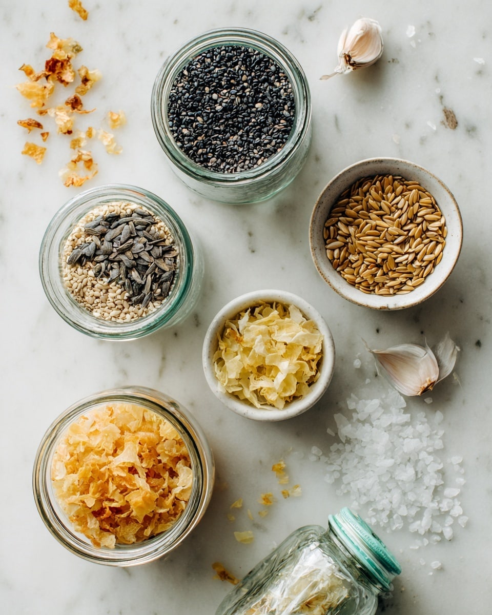 The image shows several small containers with different seeds and dried ingredients arranged on a white marbled surface. At the top is a small glass jar filled with tiny black poppy seeds. Below it, there is a clear glass jar with black and white sesame seeds. To the right, two small white bowls hold golden flax seeds or caraway seeds and light brown sunflower seeds, positioned side by side. Below the sesame jar is a small glass jar with dried minced onion, light yellow in color. Near the bottom left is another clear jar with dried minced garlic, orange-brown in color, with its lid open. Towards the bottom right is an opened light green package of flaky white salt with some salt spilled out beside it. The items are spaced neatly, with a clean and bright look, photo taken with an iphone --ar 4:5 --v 7