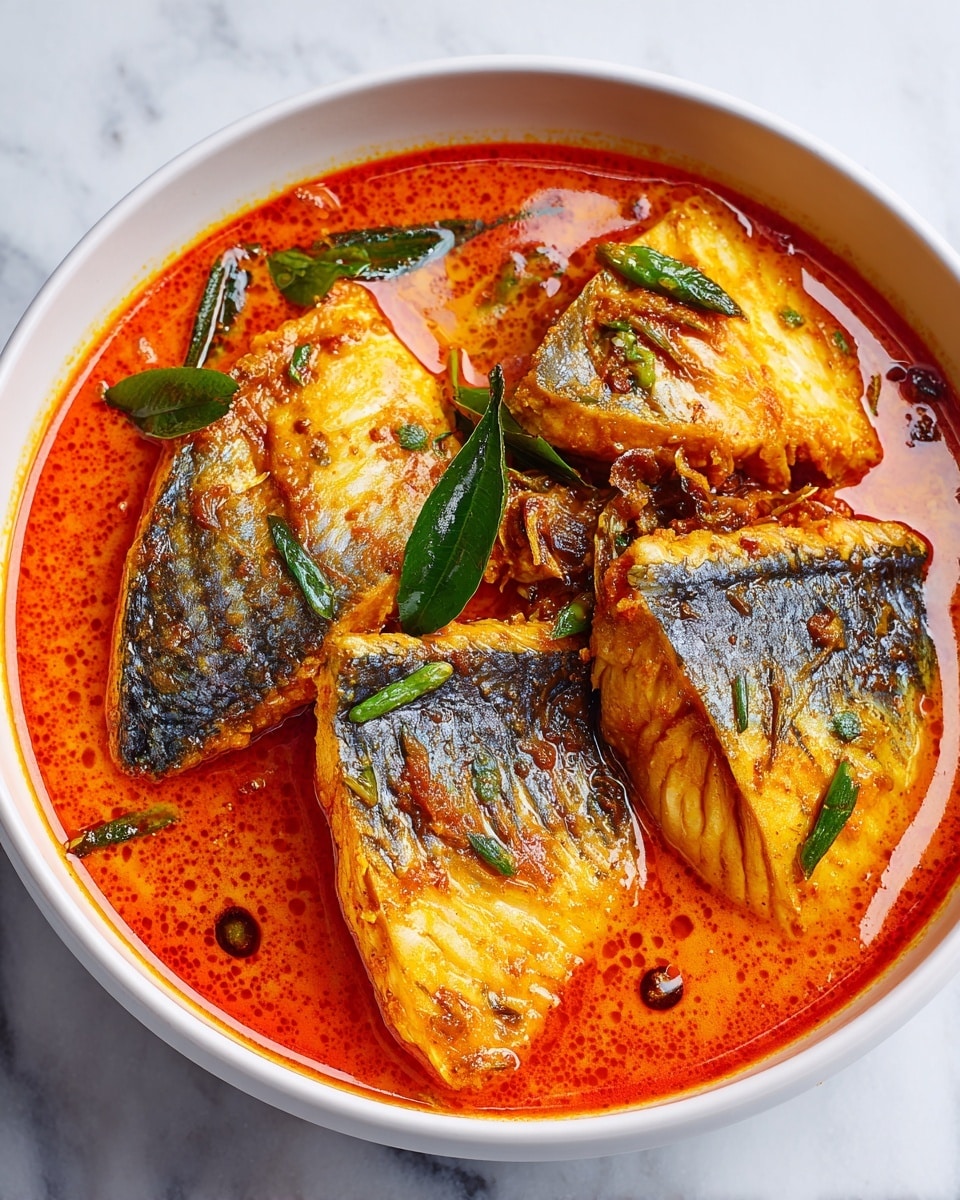 The image shows a white shallow bowl filled with a thick, orange-red curry with large pieces of fish arranged inside. The fish pieces are light golden with visible skin and some green chili pieces floating in the curry. There are a few green coriander leaves scattered on top as garnish. The bowl is placed on a white marbled surface. The thick curry has a smooth texture with small oil droplets visible on the surface. photo taken with an iphone --ar 4:5 --v 7