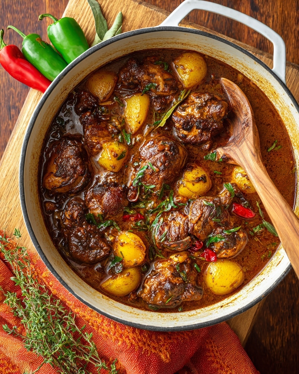A white round pot filled with a rich, brown stew that has about ten pieces of dark brown cooked chicken pieces scattered across the surface. The stew has visible chunks of yellow potatoes and small bits of red and green peppers mixed throughout the thick sauce. A wooden spoon rests on the right side inside the pot, partly submerged in the stew. The pot sits on a wooden surface with two small green peppers, one red pepper, and sprigs of green herbs nearby. There is also an orange cloth with a sprig on it at the bottom right corner. photo taken with an iphone --ar 4:5 --v 7