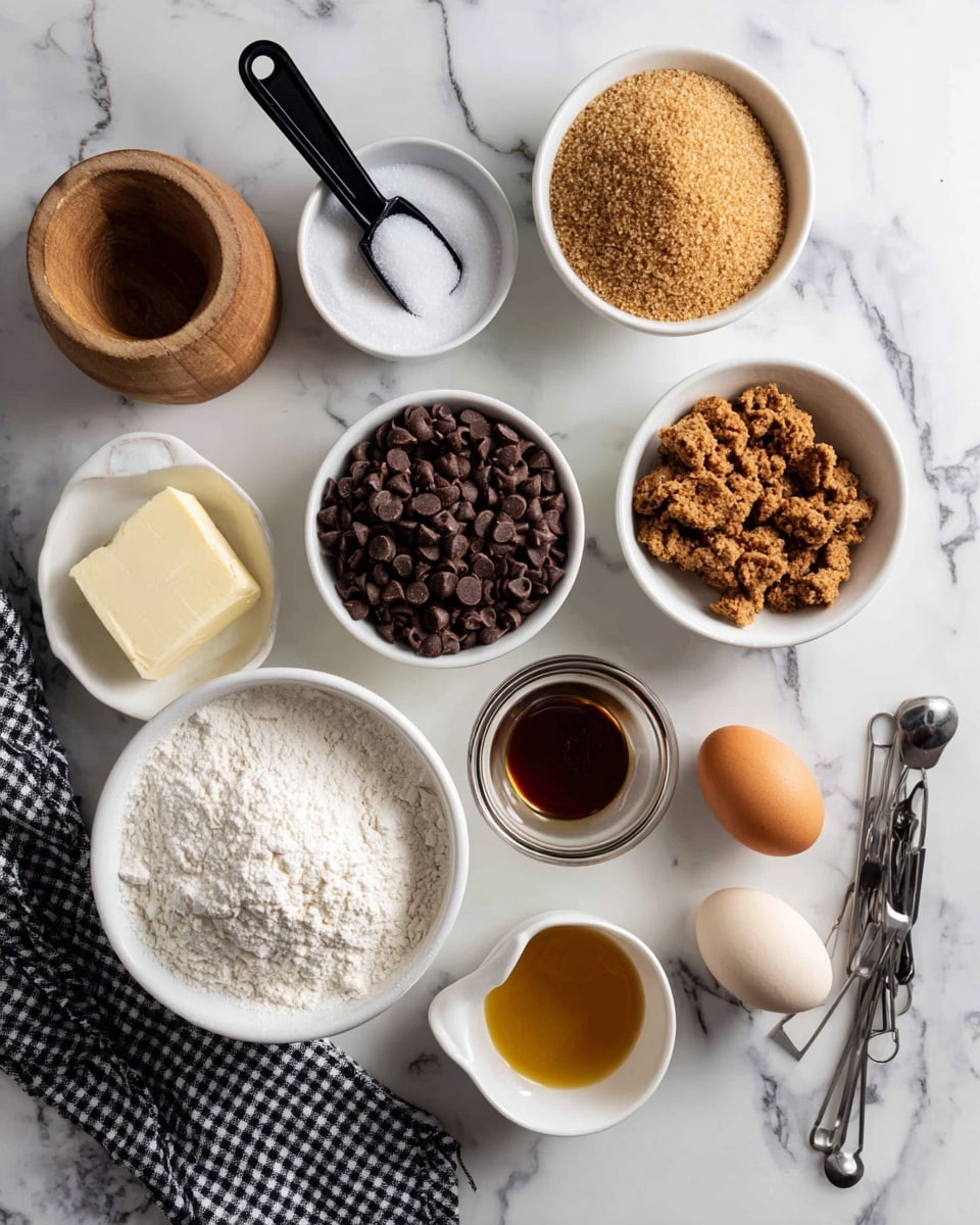 The image shows ingredients for baking arranged on a white marbled surface with a black and white checkered cloth on the bottom left. There are seven white bowls and small glass containers with ingredients: a wooden salt container with white salt and a black measuring spoon with salt on the top left, a white bowl of light brown sugar at the top center, a white bowl filled with dark brown chocolate chips below the salt, a white bowl of light brown packed brown sugar on the top right side, a small glass bowl with a brown egg on the right, a small glass bowl of vanilla extract below the egg, and a white cup holding melted butter near the bottom left next to a white bowl filled with flour slightly above it. Some black measuring spoons lie near the top right. Text labels identify each ingredient. Photo taken with an iphone --ar 4:5 --v 7