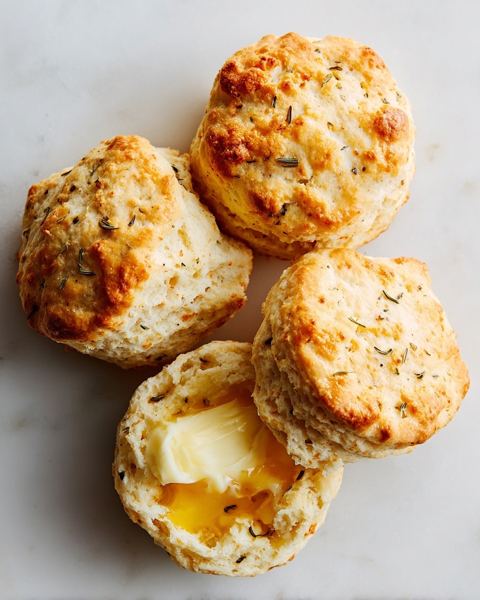 The image shows three soft biscuits on a white plate placed on a white marbled surface. Two biscuits are whole, light golden with specks of herbs visible throughout, and one biscuit is open with a dollop of melting butter in the center, showcasing its fluffy, tender inside texture. The biscuits have a slightly uneven, homemade look with a light browned top. Photo taken with an iphone --ar 4:5 --v 7