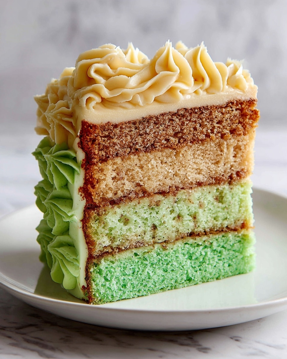 A three-layer slice of cake is shown on a white plate, placed on a white marbled surface. The bottom cake layer is bright green with a soft, moist texture. Above it is a middle layer in a light brown-green shade with small bits inside, separated by a thick layer of light green frosting that looks creamy. The top cake layer is light brown with a textured crumb appearance and is covered with a pale yellow frosting that has a smooth, swirled decoration on top. The sides are frosted with the same light green frosting that has flower-like shapes at the base. Photo taken with an iphone --ar 4:5 --v 7