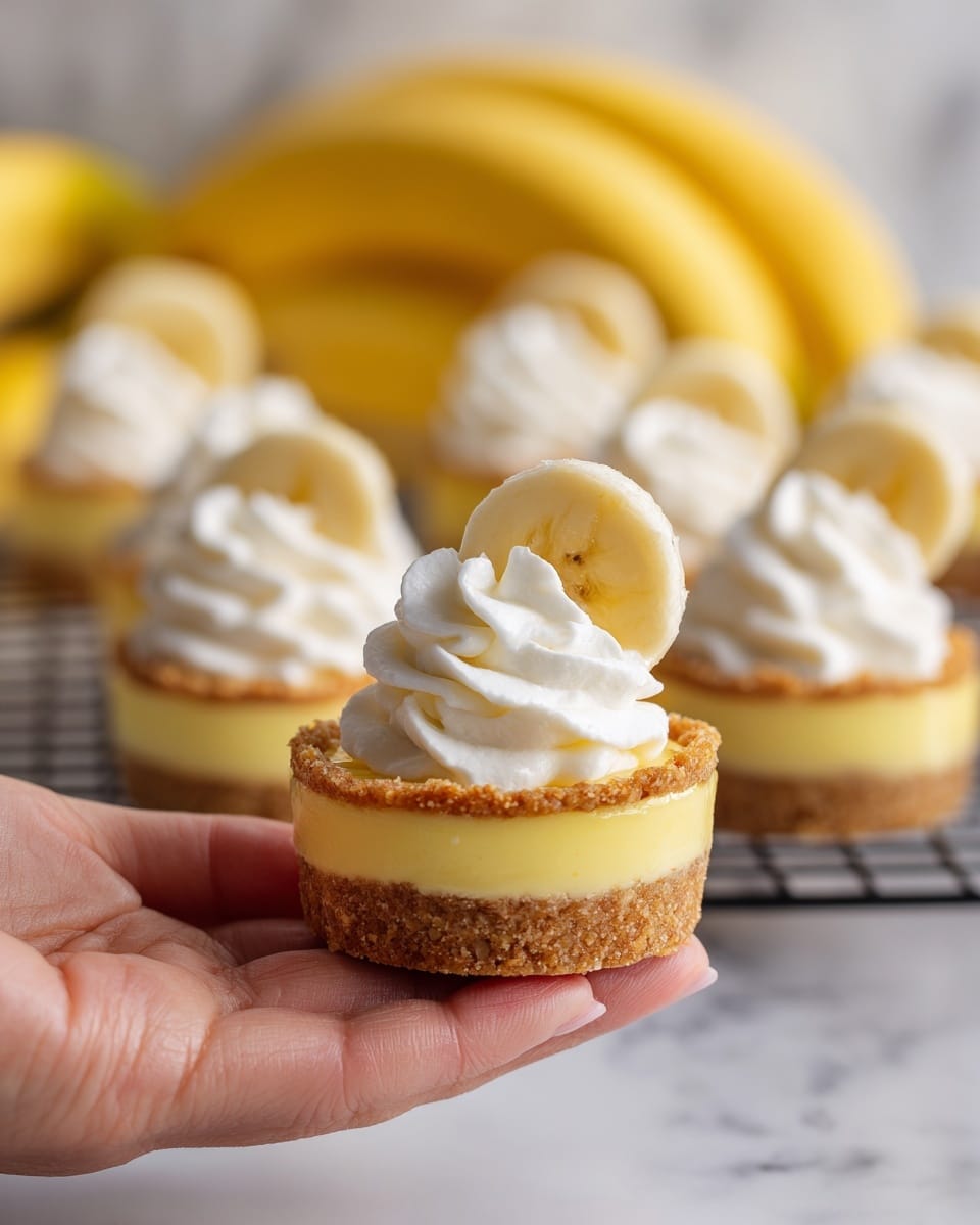 A small dessert held by a woman's hand shows a crumbly golden brown crust forming the bottom and sides, filled with a smooth yellow cream layer in the middle. On top, there is a swirl of white whipped cream, and a thin round slice of pale yellow banana rests leaning against the whipped cream. In the blurred background, many similar desserts are lined up on a wire rack over a white marbled surface with whole bananas faintly visible. Photo taken with an iphone --ar 4:5 --v 7