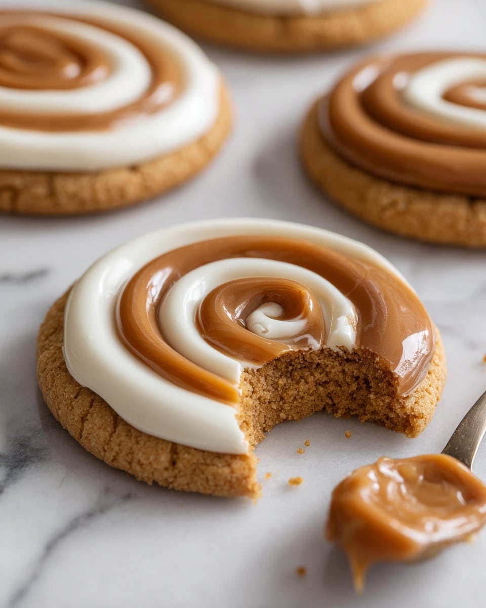 The image shows a close-up of a round cookie with two spiral layers of icing on top. The bottom cookie layer is light brown with a slightly crumbly texture, and it has a bite taken out of it, revealing its soft inside. On top of the cookie, there are two smooth and glossy icing layers in a swirl pattern: the first layer is caramel brown, and the second layer is creamy white, alternating neatly in a spiral shape. The cookie sits on a white marbled surface, and there are other similar cookies blurred in the background. A spoon with caramel brown icing is slightly out of focus in the foreground. The photo taken with an iphone --ar 4:5 --v 7