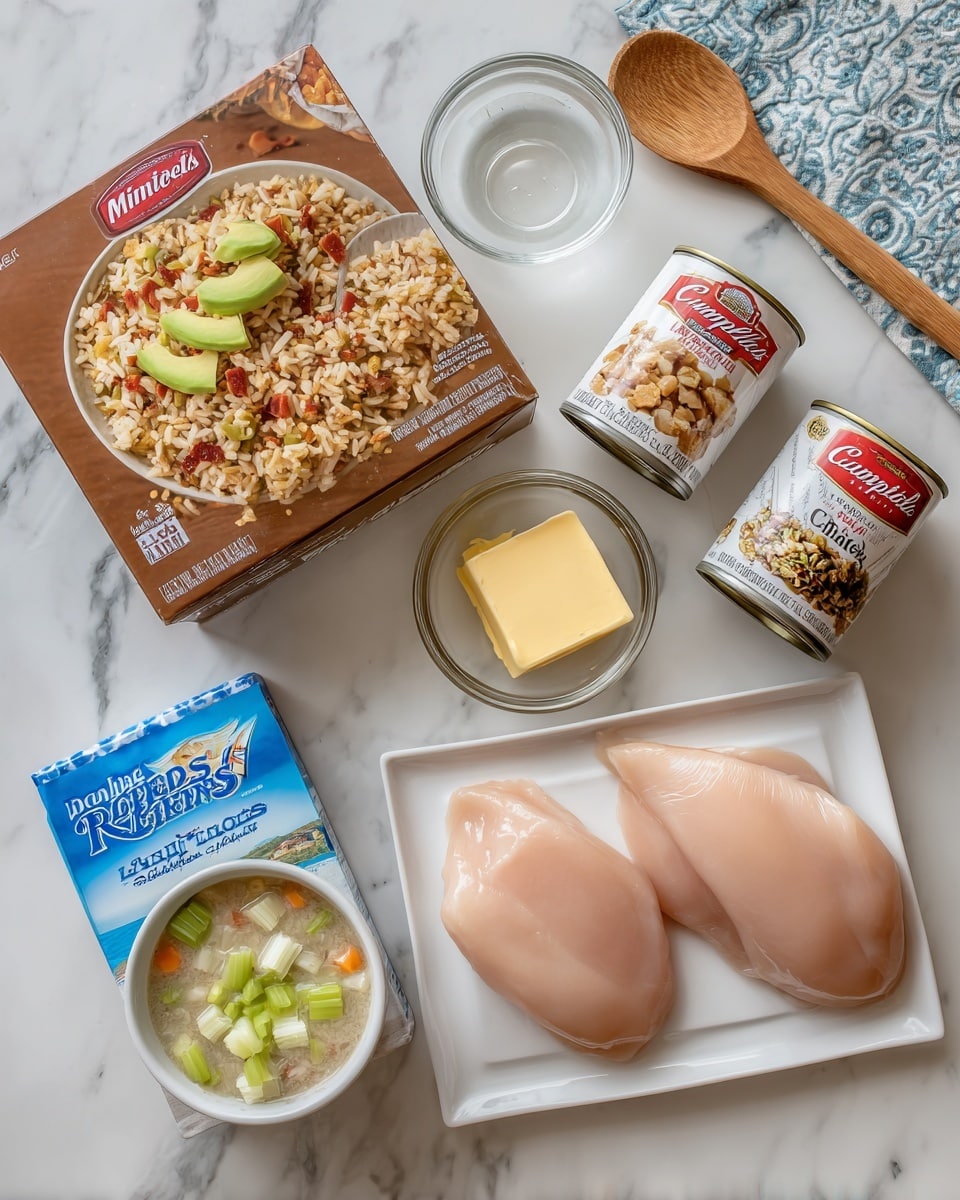 The image shows a white marbled surface with several cooking ingredients neatly arranged. On the left side, there is a brown box of Minute Brown Rice with an image of cooked brown rice topped with green avocado slices and red pieces. Nearby, a small clear glass bowl holds a square of yellow butter. To the right of the butter, there are two cans of Campbell's soup, one Cream of Chicken and one Cream of Mushroom, both with red and white labels. Below these, a white rectangular plate holds two raw, pale pink chicken breasts placed side by side. At the bottom left, there is a blue box of Lipton Recipe Secrets Onion Recipe Soup & Dip Mix showing a bowl of creamy dip with green celery sticks in it. A wooden spoon and part of a blue patterned cloth are visible at the top right. photo taken with an iphone --ar 4:5 --v 7