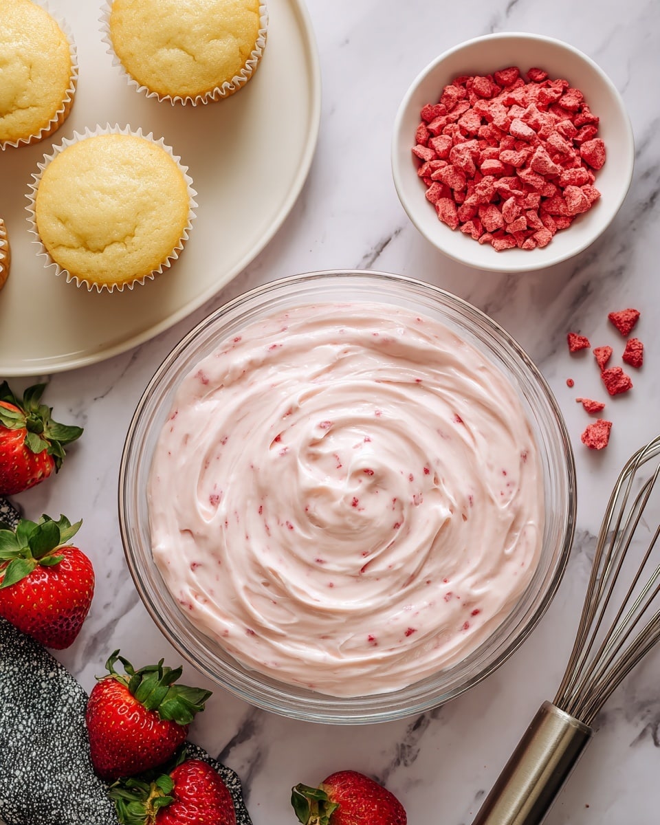 The image shows a large glass bowl filled with smooth, swirled light pink frosting that has small darker pink specks throughout. Nearby, there is a small white bowl filled with bright red freeze-dried strawberry pieces, some scattered around it on a white marbled surface. To the left, a white plate holds several plain yellow cupcakes with a golden top, arranged neatly. At the bottom left corner, fresh red strawberries with green leaves rest on a black and white cloth. In the bottom right corner, a whisk coated in light pink frosting is placed on the white marbled surface. Photo taken with an iphone --ar 4:5 --v 7