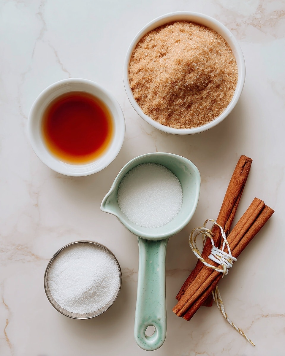 The image shows a white ceramic measuring cup with a light green handle in the center, empty inside. Above it, there is a metal measuring cup filled with light brown sugar, with a rough texture. To the left of that is a white small bowl holding dark amber liquid, smooth and shiny. Below the measuring cup is a metal measuring cup filled with fine white powder. To the right, there are three cinnamon sticks tied together with white and gold string, resting on a white marbled surface. The scene is evenly lit and viewed from above, photo taken with an iphone --ar 4:5 --v 7
