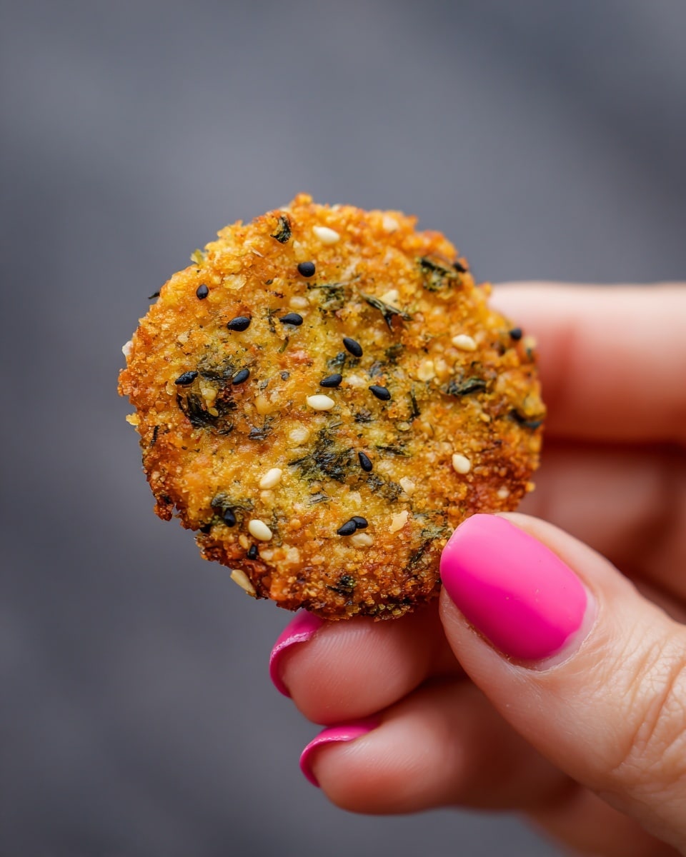 A close-up of a woman's hand holding a small, round, crispy snack that is golden brown with green patches. The snack has an uneven, crunchy texture with visible sesame and black seeds scattered on top. The woman's fingernails are painted pink, and the background is a smooth, grey color. photo taken with an iphone --ar 4:5 --v 7