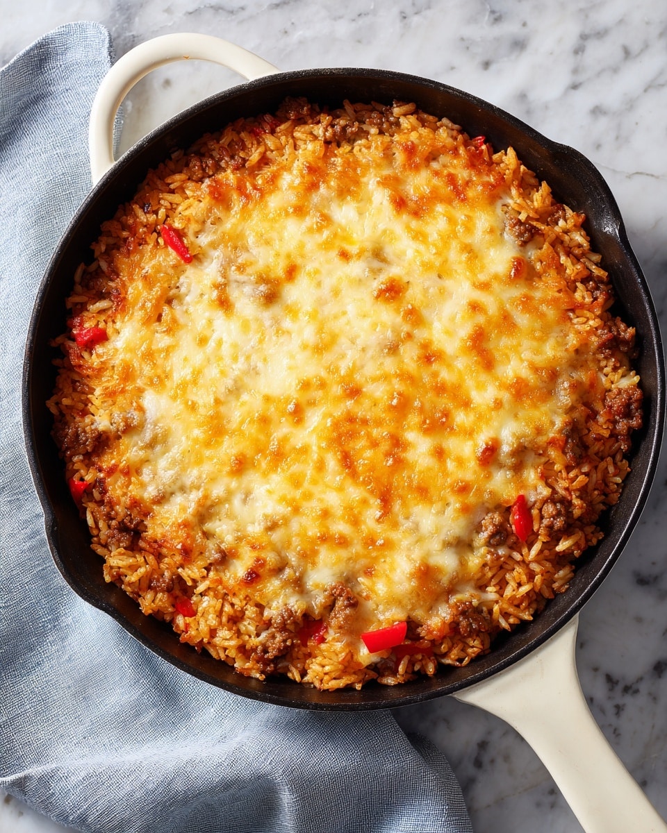 A round black cast iron skillet with a white handle holds a baked dish with a single layer of melted cheese on top that is golden brown in spots. Underneath the cheese, there is a thick mixture of orange rice and small pieces of browned meat with bits of red bell pepper, creating a textured, warm surface. The edges of the cheese are slightly crispy and uneven, blending into the rice mixture around the sides. The skillet sits on a white marbled surface with a light blue-gray cloth napkin partially visible next to it. Photo taken with an iphone --ar 4:5 --v 7