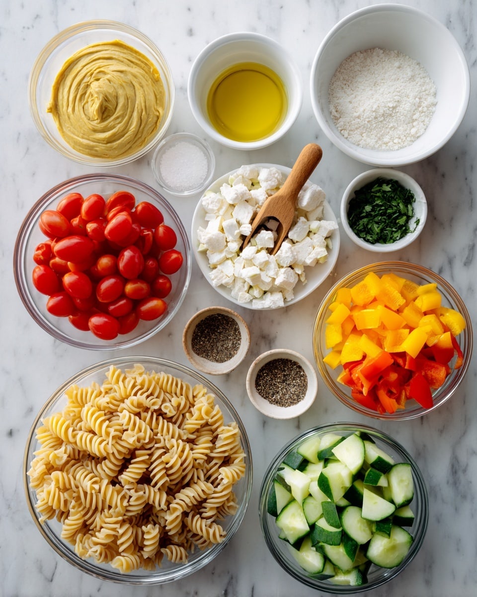 The image shows eleven small clear bowls arranged on a white marbled surface, each filled with different colorful ingredients. Starting from the top left, there is a bowl of light yellow Dijon mustard with a smooth texture, next to it is a small white bowl filled with golden olive oil, and beside that is another white bowl with finely chopped dark green basil. Below is a clear bowl of minced pale garlic. In the center, there is a white bowl filled with coarse white kosher salt and a small wooden scoop, next to it a white bowl with black pepper and another wooden scoop. Surrounding these are three clear bowls of diced bell peppers in yellow, orange, and red, each showing small, uniformly chopped pieces. Below these, a white bowl is filled with crumbly white feta cheese. To the left, a clear bowl holds bright red cherry tomatoes, many halved revealing their juicy insides. Next to this is a large clear bowl full of uncooked twisted rotini pasta, light golden brown in color. Lastly, a clear bowl contains diced cucumbers with vivid green skin and pale flesh. photo taken with an iphone --ar 4:5 --v 7