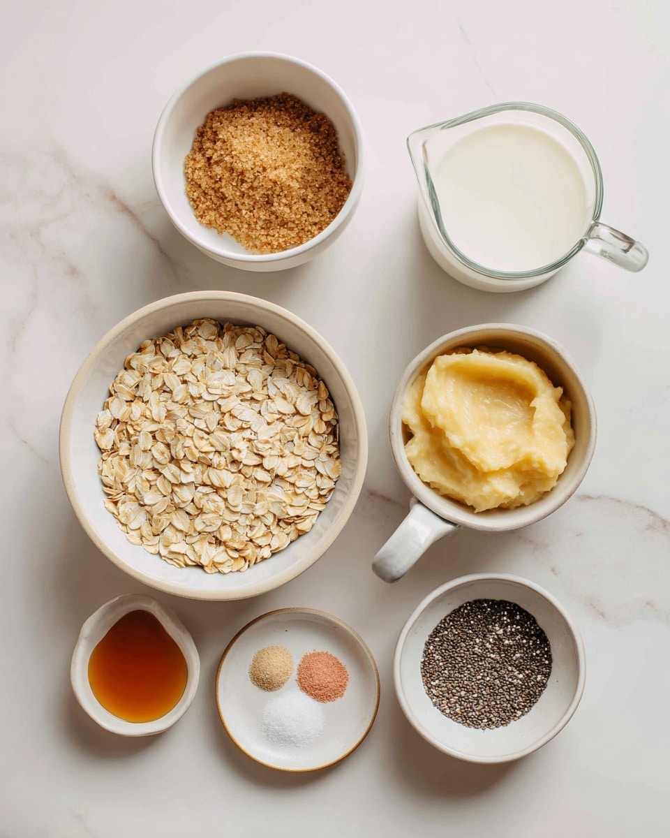 The image shows six white bowls and a small pitcher arranged on a white marbled surface. At the top left is a small white bowl filled with brown sugar, appearing soft and crumbly. To the right is a clear glass pitcher with white milk inside. Below the brown sugar bowl is a larger white bowl filled with dry rolled oats, light beige and flat in texture. To the right of the oats is a small white bowl with a handle, containing mashed banana, creamy yellow and slightly lumpy. Below the pitcher and slightly in the center is a tiny white bowl with amber-colored vanilla extract. At the bottom left is a small white plate with a section painted coral, holding three small piles of spices and salt – light brown, white, and beige. At the bottom right is a white bowl filled with dark chia seeds, small and round. The setting is bright with soft shadows, and a woman's hand is not present in this image. Photo taken with an iphone --ar 4:5 --v 7