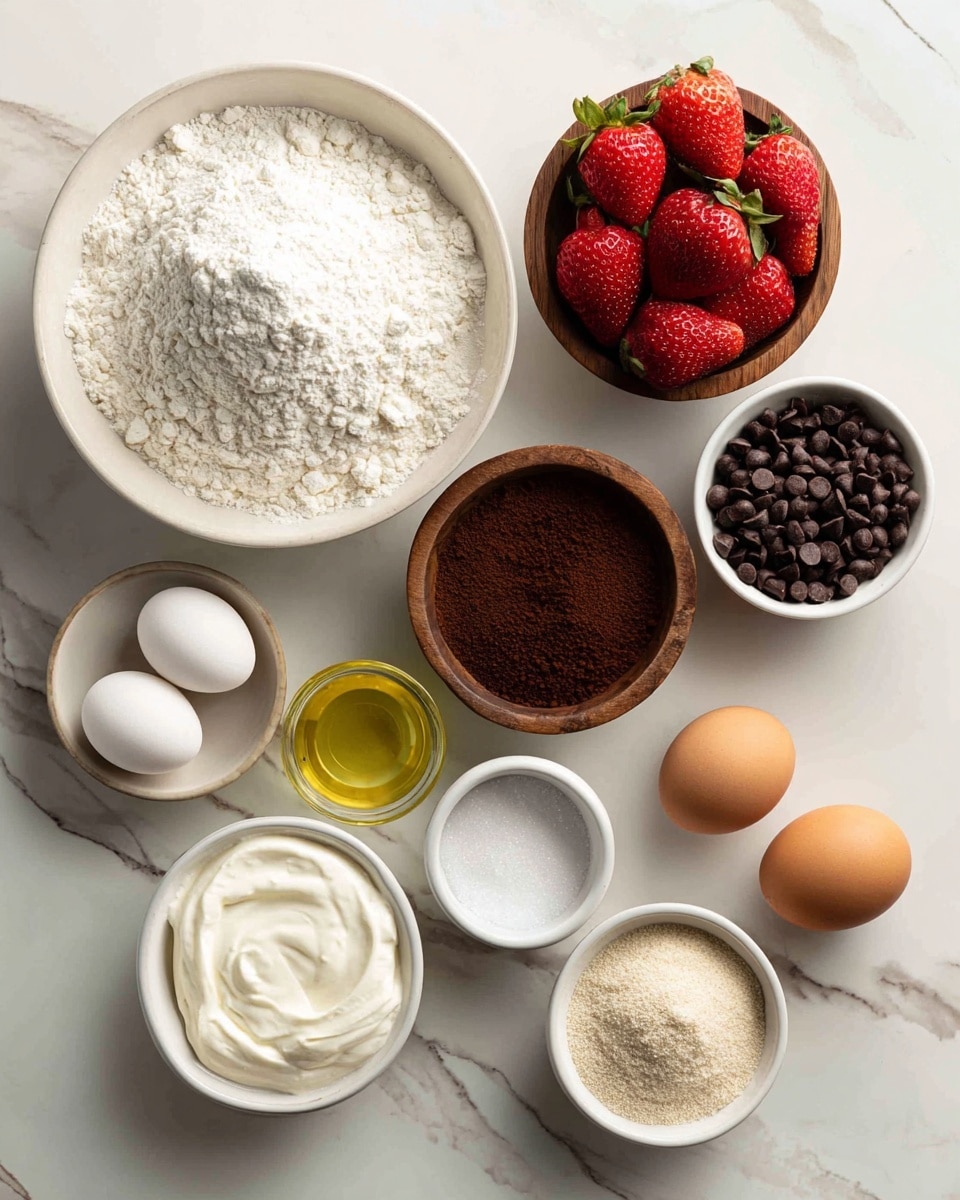 The image shows several white dishes and a wooden bowl arranged on a white marbled surface. There are eleven containers with ingredients: a large white bowl filled with white flour topped with a small mound of white powder, a wooden bowl with bright red strawberries, a small white bowl filled with dark chocolate chips, another small white bowl with fine white sugar, a white bowl with thick white sour cream, a small white bowl with white salt, a clear glass cup with light yellow oil, two brown eggs resting side by side, a tiny white bowl containing dark brown espresso powder, a small white bowl with white leaveners powder, and a medium white bowl filled with light brown sugar. The contents and bowls are neatly spaced out to show clear detail. Photo taken with an iphone --ar 4:5 --v 7