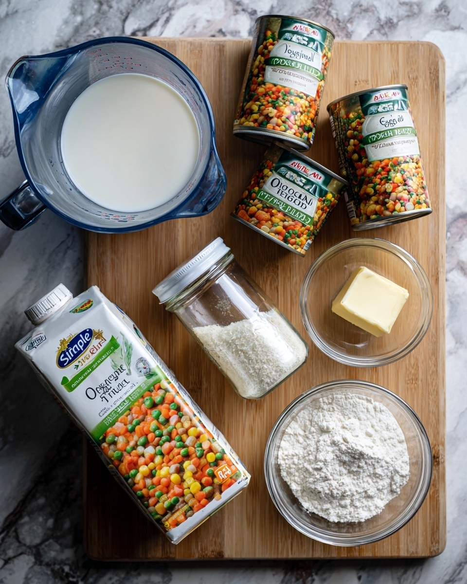 The image shows several cooking ingredients placed on a wooden surface with a white marbled background. There is a clear glass measuring cup filled nearly to the 2-cup mark with a white liquid, likely milk or cream, positioned in the top right. Two cans of Veg-All Original 7-in-1 Mixed Vegetables lie on their sides near the center, showing colorful mixed vegetables on the label. A carton of Simple Truth organic free-range chicken stock stands on the left side. Below the cans, two glass jars with white lids contain organic onion powder and garlic powder, both labeled clearly. Two small clear glass bowls are present; the one on the right holds a small block of pale yellow butter, and the one near the center contains white flour. A large blue pot or bowl edge appears at the top left corner. Photo taken with an iphone --ar 4:5 --v 7