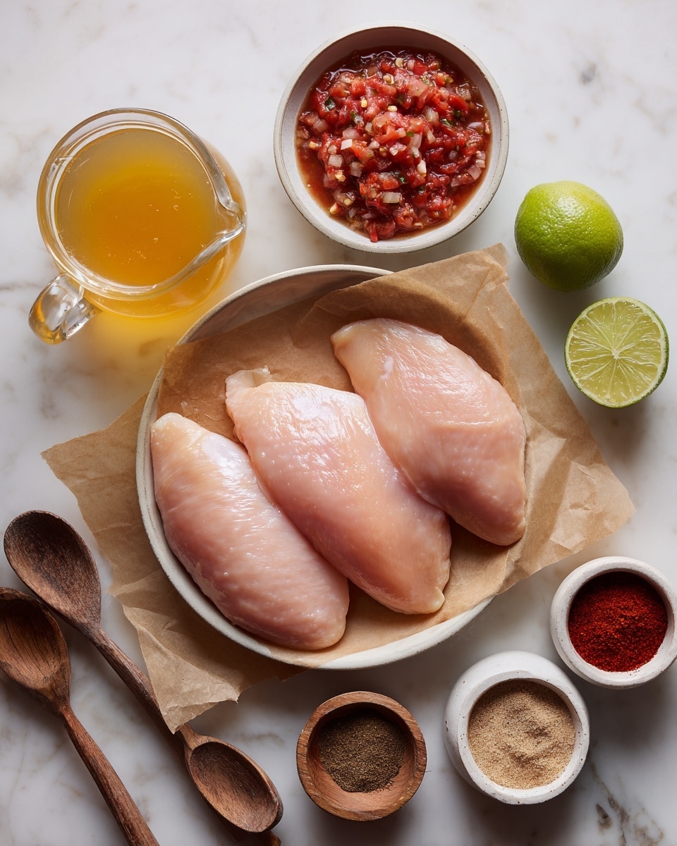 Three raw chicken pieces are placed on brown parchment paper inside a white bowl in the center. Around the bowl, there is a glass pitcher with light yellow chicken broth on the top left, a white bowl with chunky red salsa above the chicken, and two whole limes, one cut in half, to the right. Below the chicken, there are small wooden and white bowls with spices: a wooden spoon with light beige onion powder on the far left, a wooden spoon with dark red paprika below it, a small wooden bowl with brown cumin powder in the center, a wooden bowl with light brown garlic powder to the right of cumin, and a white bowl with bright red chili powder on the bottom right. The entire setup rests on a white marbled surface photo taken with an iphone --ar 4:5 --v 7