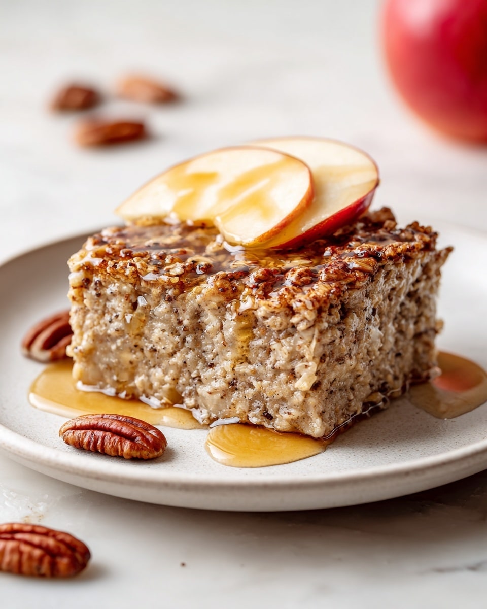 A square slice of baked oatmeal sits on a white plate with soft apple pieces and pecans mixed into the oatmeal layer. The oatmeal is light brown and textured with visible oats and small chunks of apple spread evenly. The top is slightly rough with a glossy drizzle of syrup pooling around the base. Two thin apple slices rest behind the oatmeal on the white marbled surface under the plate. Scattered pecans are visible around the plate. photo taken with an iphone --ar 4:5 --v 7