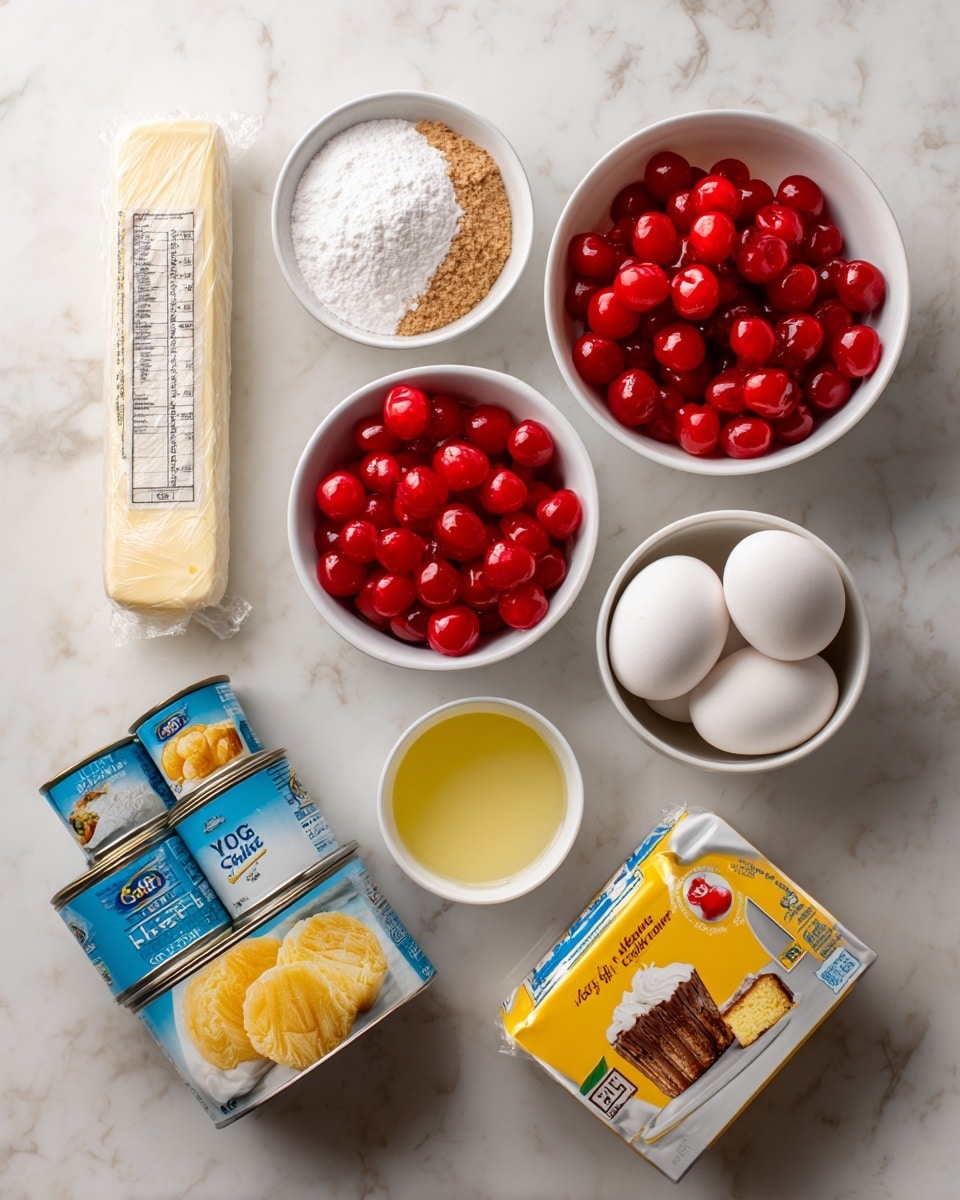 The image shows several baking ingredients arranged neatly on a white marbled surface. From top left going clockwise, there is a stick of butter wrapped in paper with measurements marked, a small white bowl filled with light brown packed brown sugar with a rough texture, a white bowl full of shiny bright red maraschino cherries, two stacked cans of pineapple slices with blue labels, a white bowl holding three smooth white eggs, a small white bowl containing a pale yellow vegetable oil, and in the center, a box of yellow cake mix with an image of yellow cake with chocolate frosting on it. The items are evenly spaced and clearly visible. Photo taken with an iphone --ar 4:5 --v 7