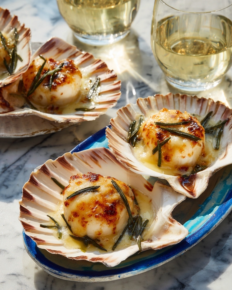 The image shows four scallops served in natural scallop shells placed on a white marbled surface. Each shell contains two large scallops that are light golden brown with a slightly browned top layer of melted cheese or sauce. The scallops are garnished with thin green herb leaves, probably tarragon, placed on top. The shells rest on a blue and white oval dish. In the background, there are two clear glasses filled with a light yellow drink, possibly white wine. The light in the image is bright and natural. photo taken with an iphone --ar 4:5 --v 7