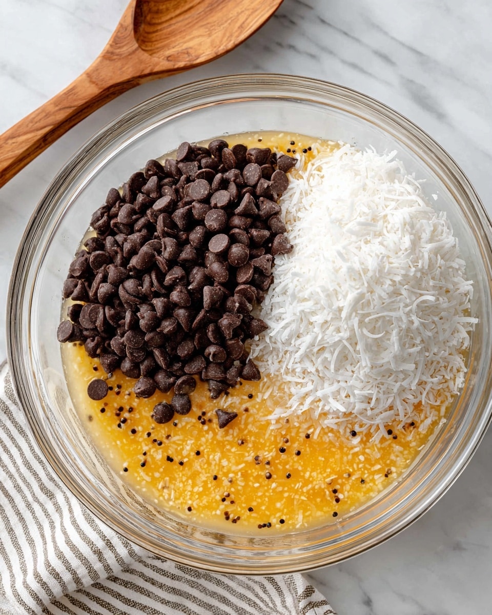 A clear glass bowl sits on a white marbled surface with a striped cloth and a wooden spoon in the background. Inside the bowl, there are three main layers: to the left, a pile of dark brown chocolate chips with a smooth, shiny texture; to the right, a mound of fine, fluffy white shredded coconut; and at the bottom right, a layer of golden yellow wet ingredients speckled with small black vanilla seeds, slightly pooling around the edges of the other layers. photo taken with an iphone --ar 4:5 --v 7