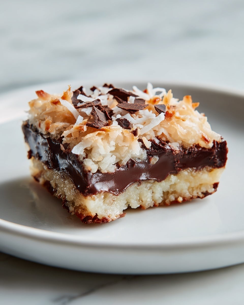 A single half-eaten cookie sits in the center of a white plate on a white marbled surface. The cookie has three clear layers: the bottom is a smooth milk chocolate layer with a glossy texture and slightly rounded edge; the middle layer is thick, dark chocolate with a soft, dense texture and visible melted areas; the top layer is rough and uneven with shredded coconut and scattered small dark chocolate chips, browned slightly in parts from baking. The lighting softly highlights the contrast between the dark chocolate and the lighter coconut topping. photo taken with an iphone --ar 4:5 --v 7
