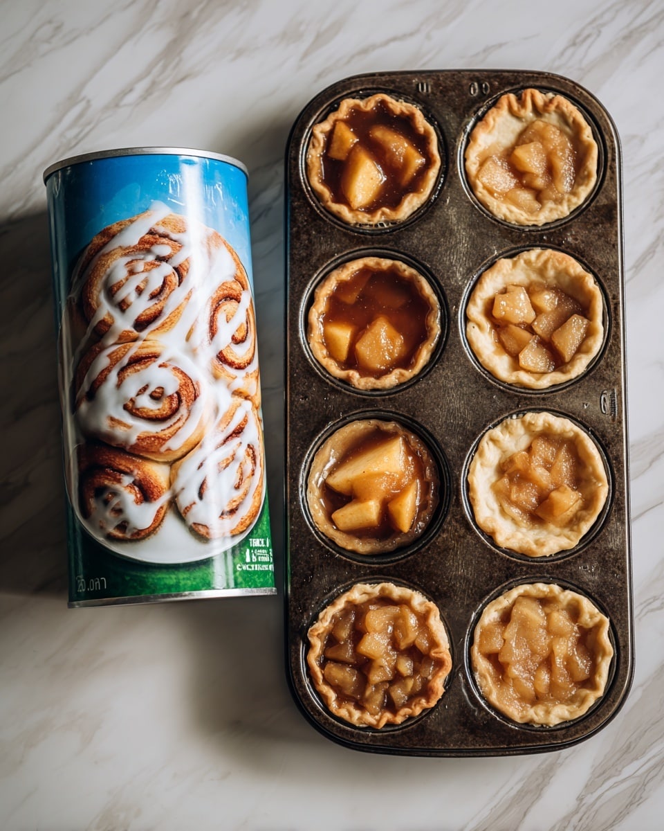 The image shows two cans placed on a white marbled surface next to a dark brown metal muffin tray with twelve cups. On the left is a tall, cylindrical blue can of cinnamon rolls with pictures of swirled rolls topped with white icing. Next to it on the right is a shorter, green can of apple pie filling with an image of a slice of apple pie showing thick apple chunks and golden crust. The background surface is white marble. photo taken with an iphone --ar 4:5 --v 7