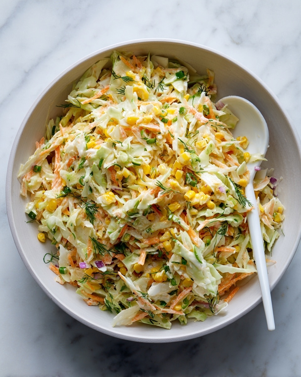 A large white bowl filled with a colorful coleslaw mix includes thin layers of shredded pale green cabbage, small bright orange carrot strips, and scattered yellow corn kernels. Fresh green herbs and scallions add flecks of darker green throughout, giving a fresh, textured look. A white spoon is partly inside the bowl, angled with its handle resting on the bowl’s rim, blending softly with the mostly creamy and light colors of the salad. The whole scene is set on a white marbled surface, and the photo taken with an iphone --ar 4:5 --v 7