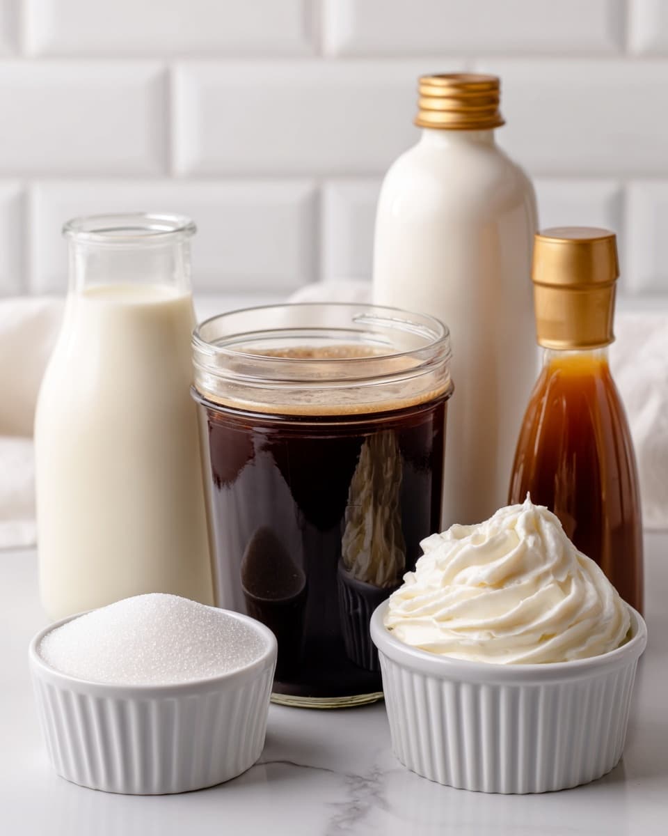 The image shows five containers with ingredients arranged on a white marbled surface. In the center front is a clear glass jar filled with dark brown strong coffee, chilled. To the left of the jar is a small white ribbed bowl filled with white sugar, and to the right is a small white ribbed bowl holding a swirl of white whipped cream. Behind the jar, on the left side, is a clear bottle filled with off-white whole milk. On the right side behind the jar is a white squeeze bottle with caramel syrup inside and a golden cap. The background is a white tiled wall. Photo taken with an iphone --ar 4:5 --v 7