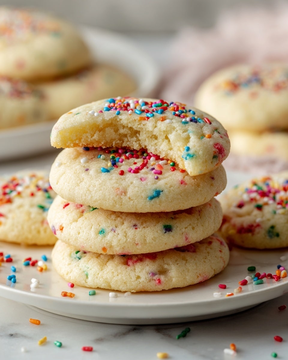 A stack of soft, light yellow cookies sits in the center of a white plate, placed on a white marbled surface. The stack has three cookies, with the top one showing a bite revealing its fluffy inside. Surrounding the stack are more cookies, each round and slightly flattened with light fork marks on top. Small, colorful round sprinkles in red, blue, green, yellow, white, and orange are scattered across the tops of all the cookies, adding bright colors against the light dough. The background is soft and blurred, focusing attention on the cookies. photo taken with an iphone --ar 4:5 --v 7