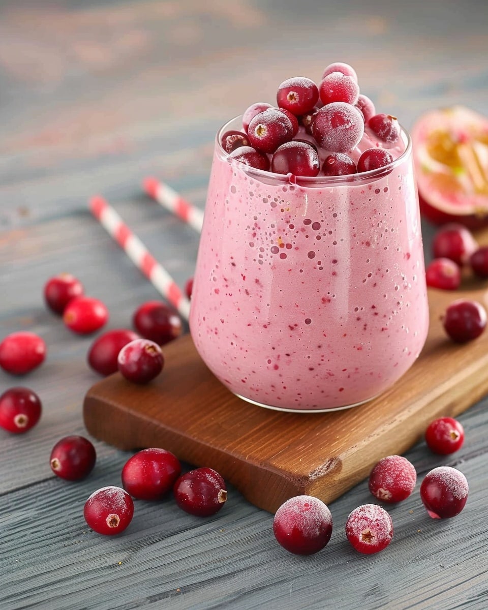 Two pink creamy smoothies with small red specks inside are served in short, round glasses with a thin gold rim at the top. Each glass is filled to the rim and topped with several fresh sliced red cranberries and a golden metal straw. The glasses sit on a round wooden board, surrounded by whole and sliced cranberries scattered around. The background shows a soft white marbled surface and a blurred pattern of orange shapes on the wall. Photo taken with an iphone --ar 4:5 --v 7
