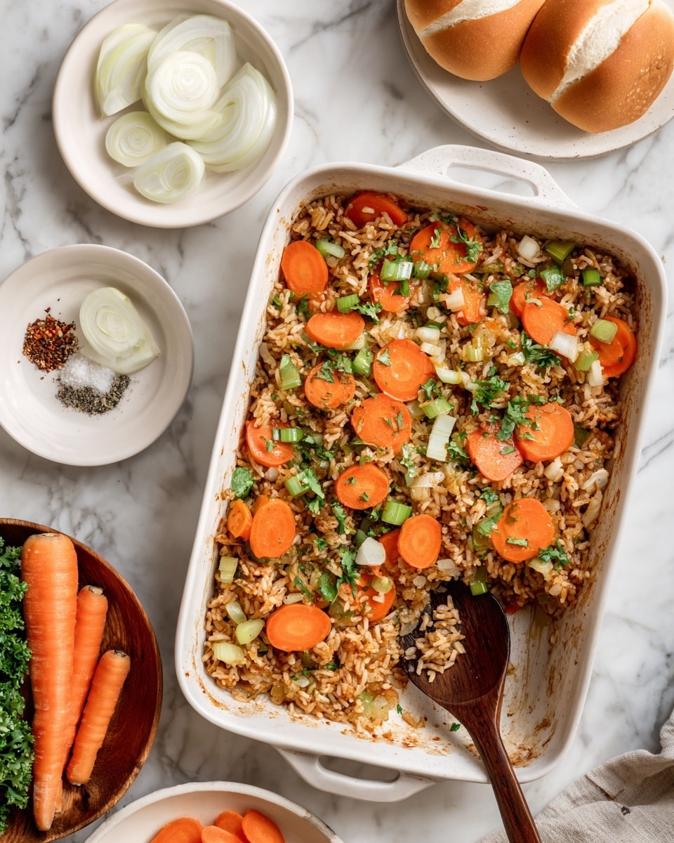 The image shows a white rectangular baking dish filled with a cooked rice casserole topped with sliced orange carrots and light green celery pieces mixed throughout. The dish has a brown sauce coating the rice and vegetables, with small bits of green herbs sprinkled on top. A wooden spoon with a dark brown handle is resting inside the dish, which has a scoop missing from one corner, revealing the soft texture of the casserole underneath. Around the dish, there are white plates with sliced white onions, black pepper, and salt, as well as white sandwich buns, fresh orange carrot slices, and green leafy vegetables on a white marbled surface. photo taken with an iphone --ar 4:5 --v 7