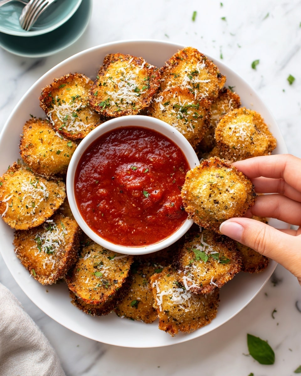 A white plate filled with golden-brown fried ravioli pieces covered with green herbs and a light sprinkle of grated cheese. In the center sits a white bowl full of bright red marinara sauce. A woman's hand holds one ravioli piece dipped halfway into the sauce, showing its crispy texture. The background surface is white marble, and there are some blurred teal bowls and utensils in the back. photo taken with an iphone --ar 4:5 --v 7