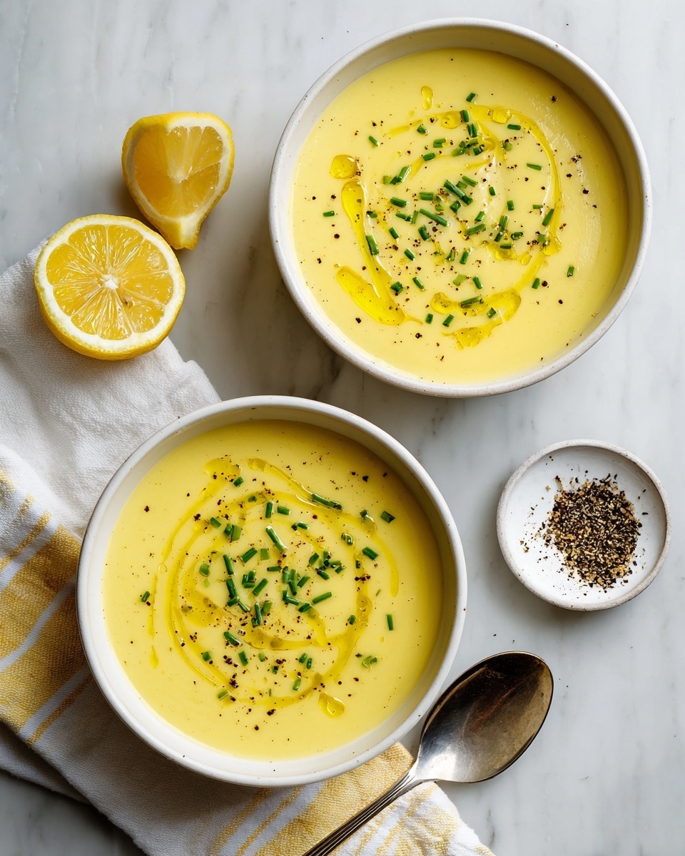 The image shows two white bowls filled with smooth, creamy yellow soup placed on a white marbled surface. Each bowl of soup is topped with small green chives scattered evenly across the surface and a drizzle of golden olive oil. Light black pepper is sprinkled on top, adding texture and contrast. To the left, a lemon half with a bright yellow rind is placed next to a white and yellow striped napkin. A metal spoon rests below the closer bowl, reflecting light. Near the top right, a white small plate holds some crushed black pepper. The photo has bright natural lighting and a clean, simple setting. photo taken with an iphone --ar 4:5 --v 7