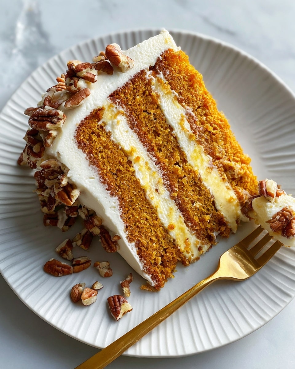 A slice of four-layer orange-brown cake with light yellow cream filling between each layer, topped with chopped pecans scattered on the top and around the slice, sits on a white plate with a white marbled texture background. A gold fork holds a piece of the cake with cream and pecans on the right side of the plate. Photo taken with an iphone --ar 4:5 --v 7